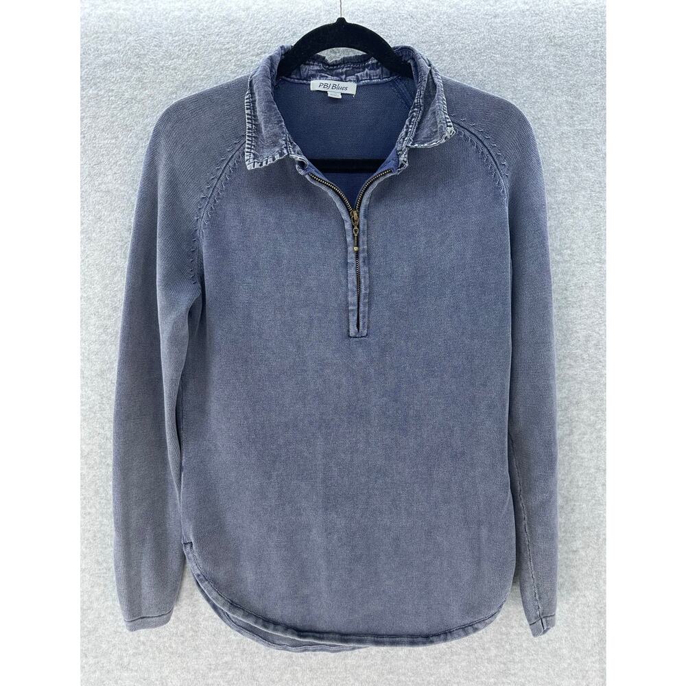 PBJ Blues Women's sz S 1/4 ZIp Washed Blue Sweater 100% Cotton Knit Comfort Cozy